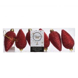 6 RED PLASTIC PINE CONES 8CM