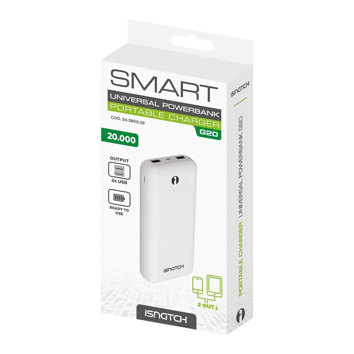 Bricocenter POWER BANK 20000MAH 2 USBA+1 TYPEC ABS WHITE ISNATCH