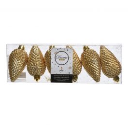 6 GOLD PLASTIC PINE CONES 8CM