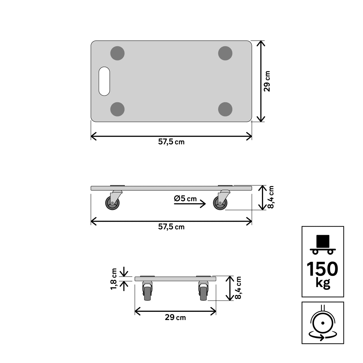 BASE MOVES EVERYTHING MEASURES 57.5X29 CM, CAPACITY 150 KG WITH 50MM WHEELS WITHOUT BRAKE