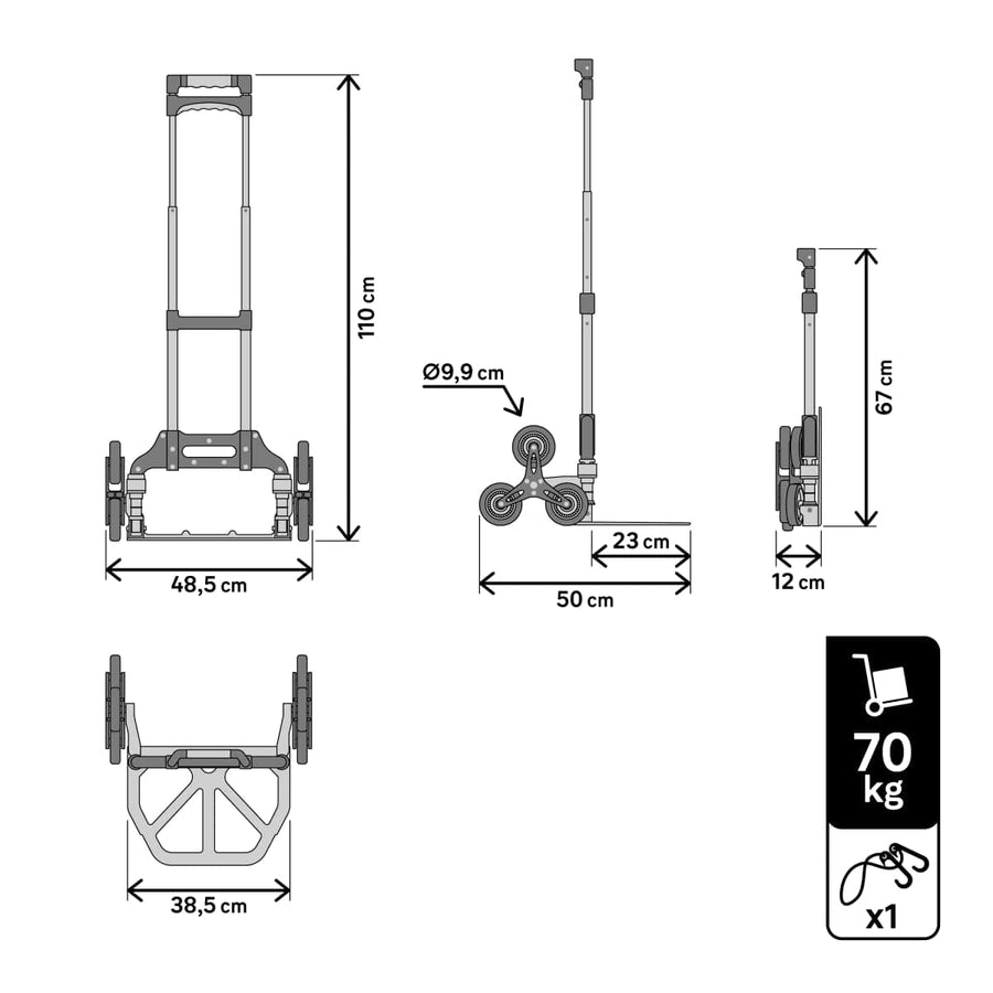 Bricocenter ALUMINIUM FOLDING STAIR TROLLEY STANDERS CAPACITY 70 KG WITH 3 WHEELS ON EACH SIDE