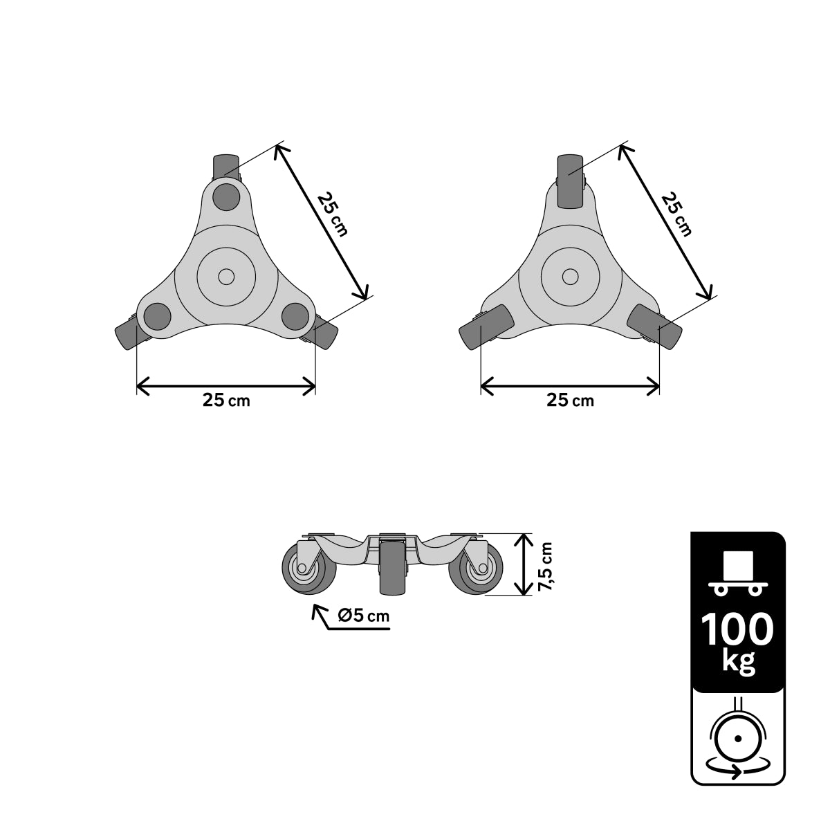 100KG CAPACITY MOVING BASE WITH 3 WHEELS DIAM 5MM, NO BRAKE