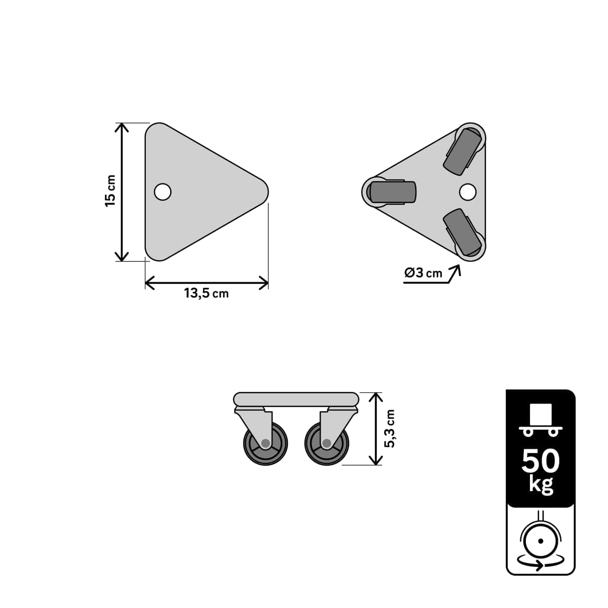 Bricocenter BASE MOVES ALL TRIANGULAR, MEASURES 15.0X13.5X5.3 CM CAPACITY 50 KG, 3 WHEELS DIA. 30MM