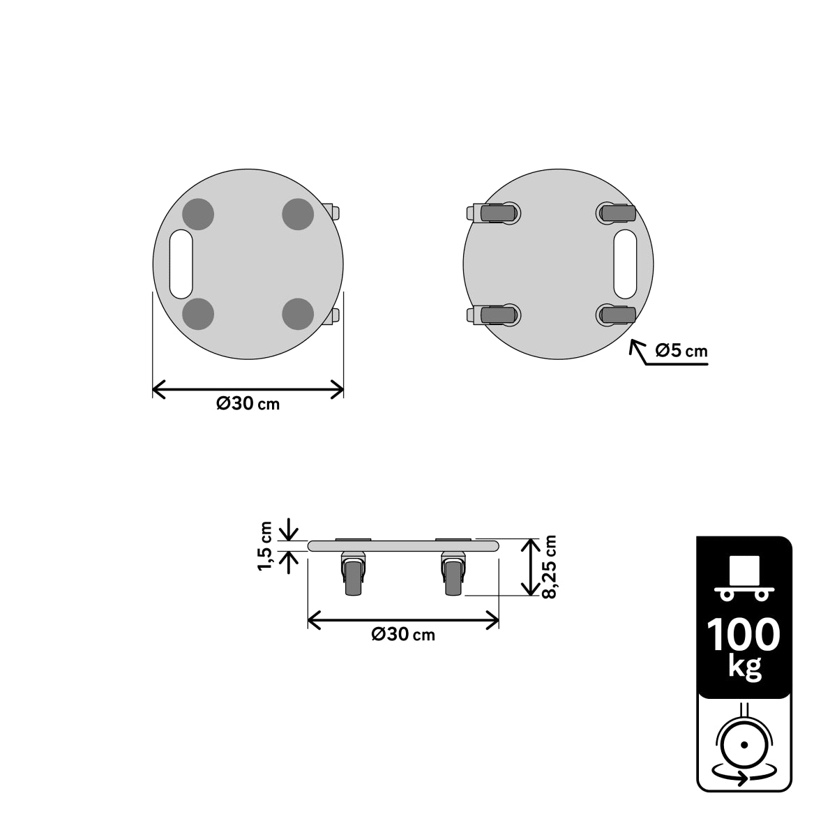 BASE MOVES EVERYTHING DIAM. 30 CM CAPACITY 100 KG, 4 WHEELS DIAM. 50MM INCLUDING TWO WITH BRAKES