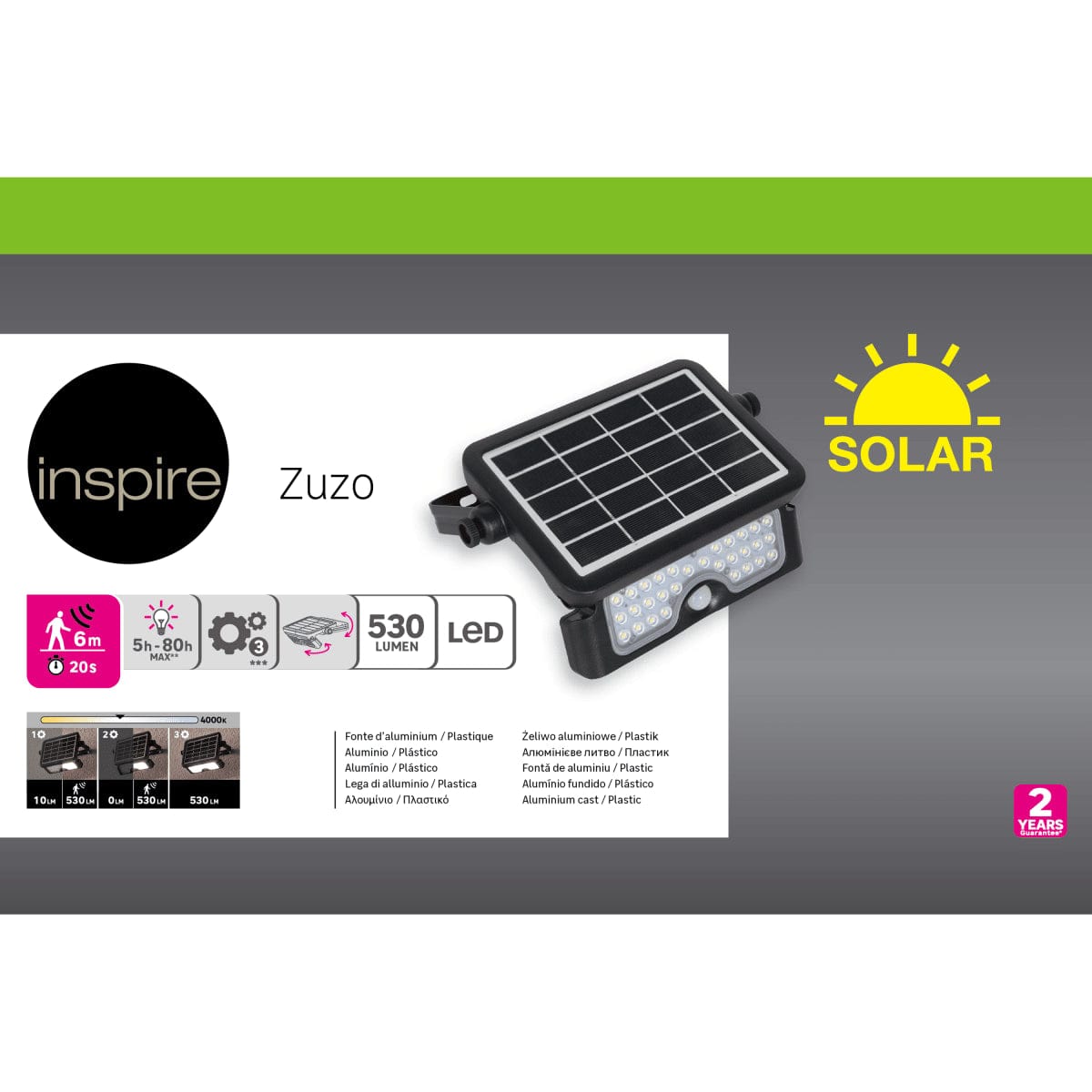 Bricocenter SOLAR PROJECTOR ZUZO ALUMINUM BLACK LED 44W NATURAL LIGHT WITH MOTION SENSOR IP44