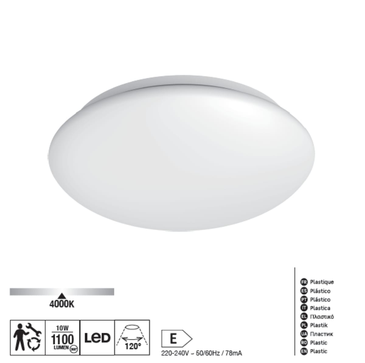 Bricocenter METAL CEILING LIGHT WHITE D25 LED 10W LIGHT NATURLE IP44