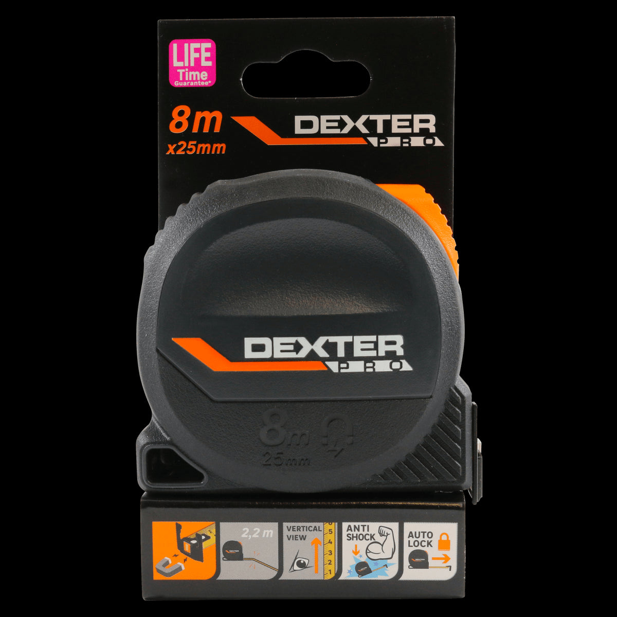 8 M X 25 MM DEXTER PRO FLEXOMETER WITH MAGNET, BIMATERIAL SHELL, 2-SIDED GRADATION