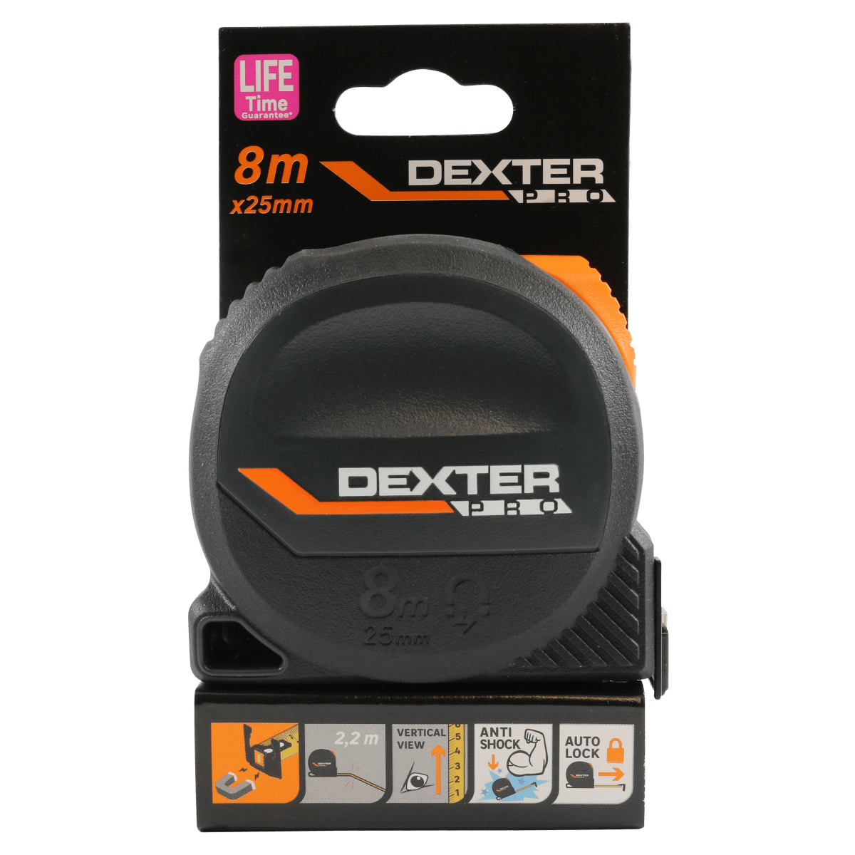 8 M X 25 MM DEXTER PRO FLEXOMETER WITH MAGNET, BIMATERIAL SHELL, 2-SIDED GRADATION