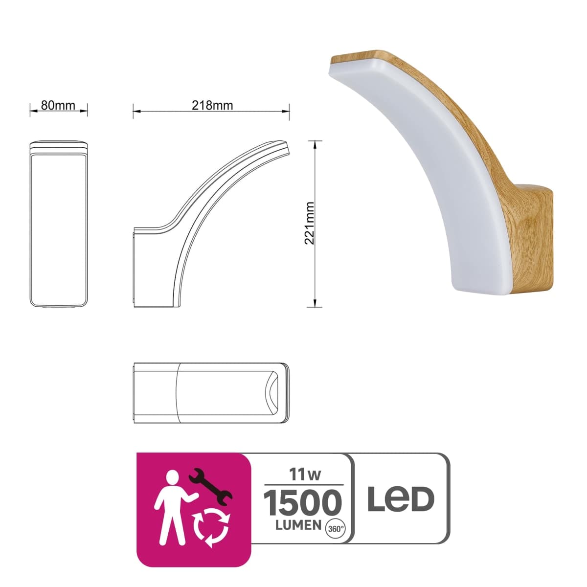 Bricocenter APPLIQUE LAKKO ALLUMINIO E LEGNO NATURALE LED 11W LUCE NATURALE IP44