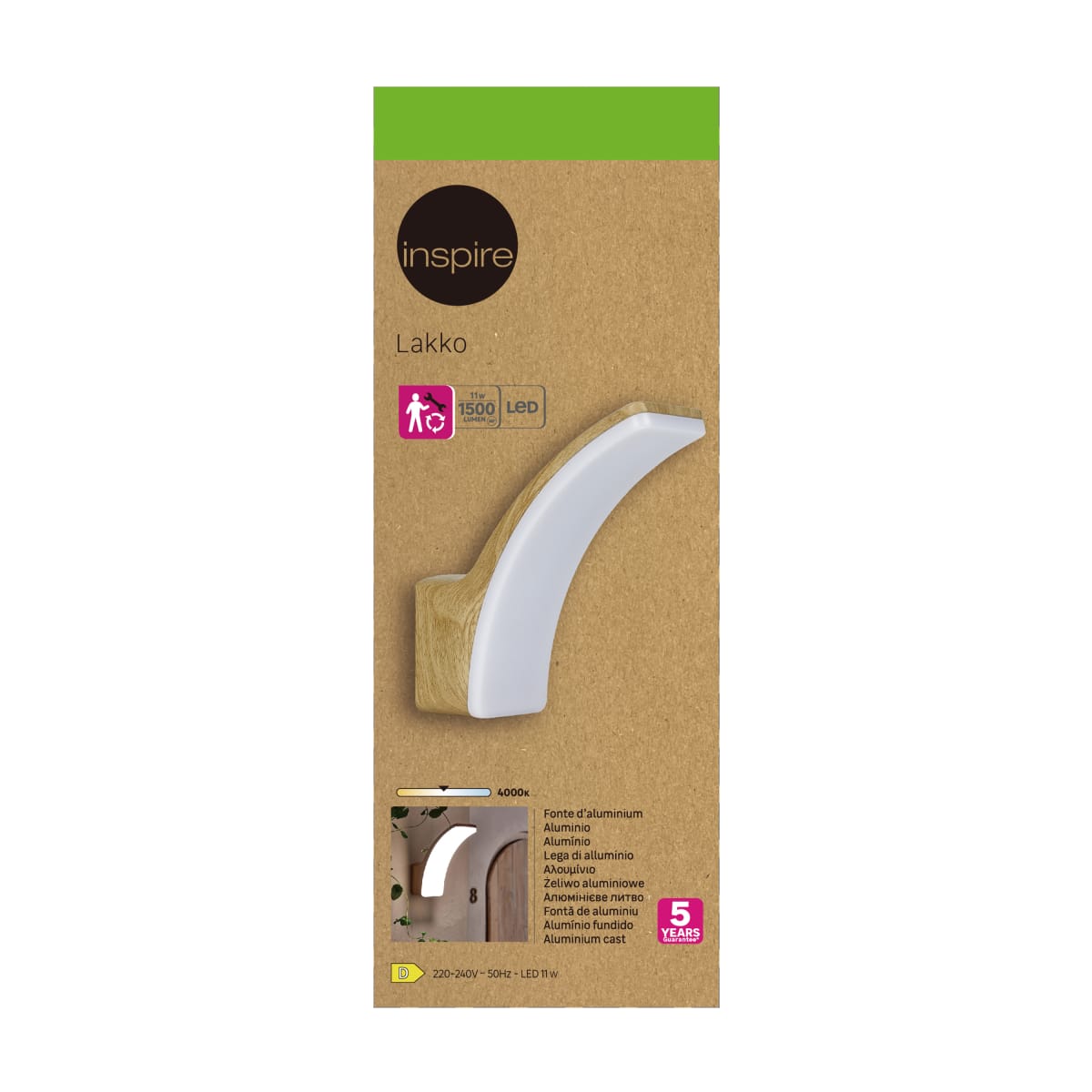 Bricocenter APPLIQUE LAKKO ALLUMINIO E LEGNO NATURALE LED 11W LUCE NATURALE IP44