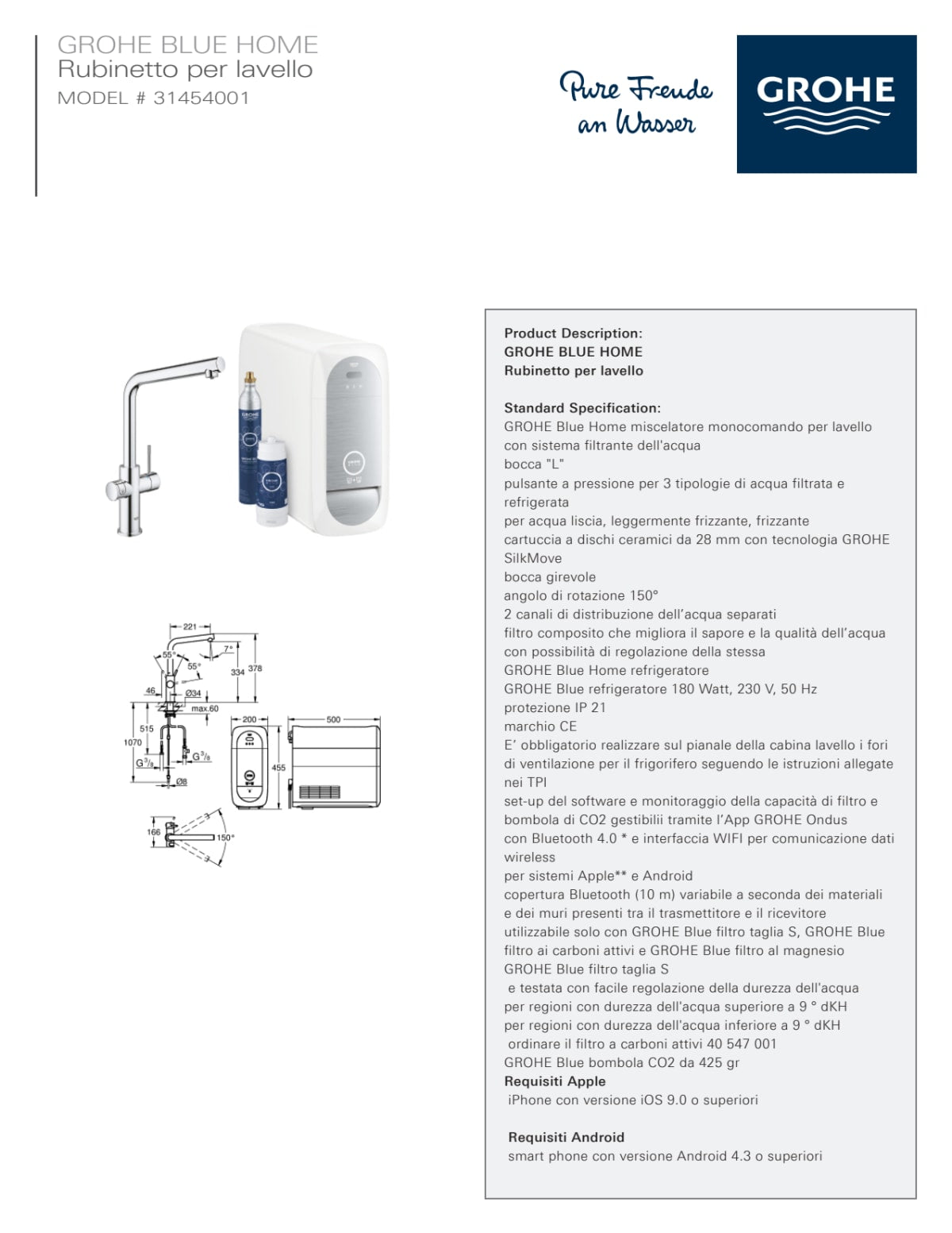 GROHE BLUE HOME STARTER KIT PURE MINTA - SPOUT L - FILTRATION SYSTEM TO SUPPLY WATER