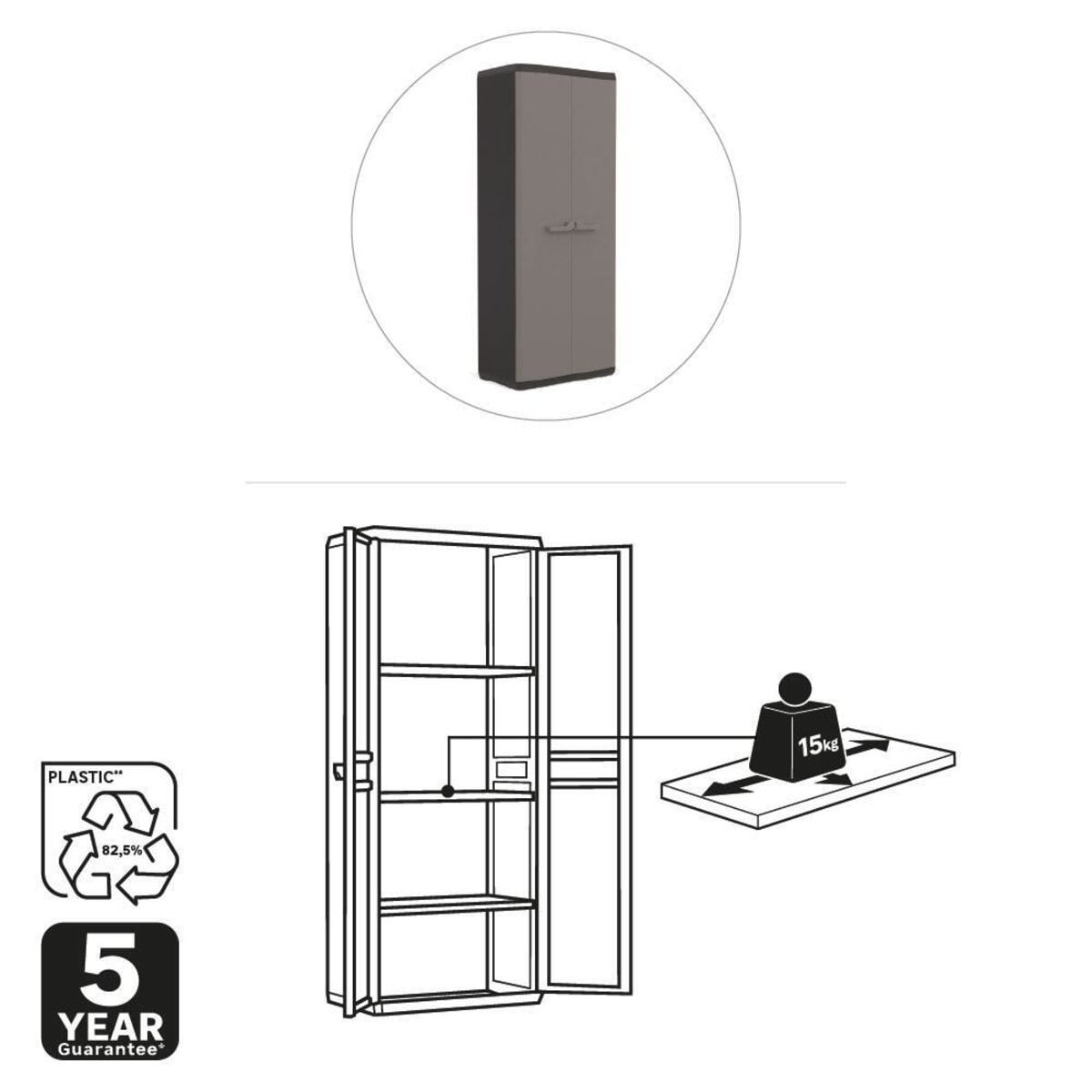 HIGH ALL-SHELF CUPBOARD 2 DOORS 3 NON-ADJUSTABLE SHELVES 68X39X166H LOAD CAPACITY 15KG DARK GREY