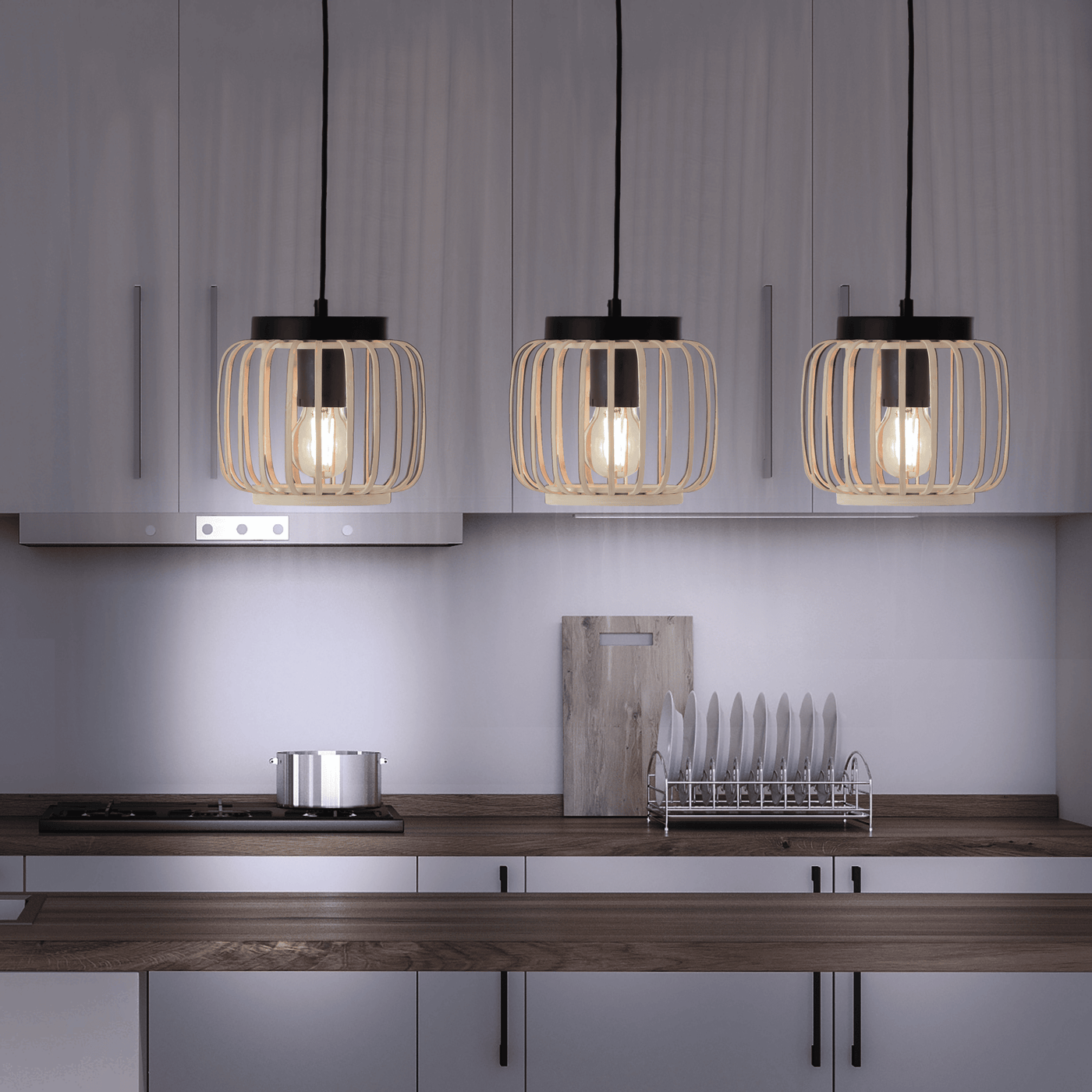 Pecan metal and bamboo chandelier, l70 cm, 3 x E27 = 50W