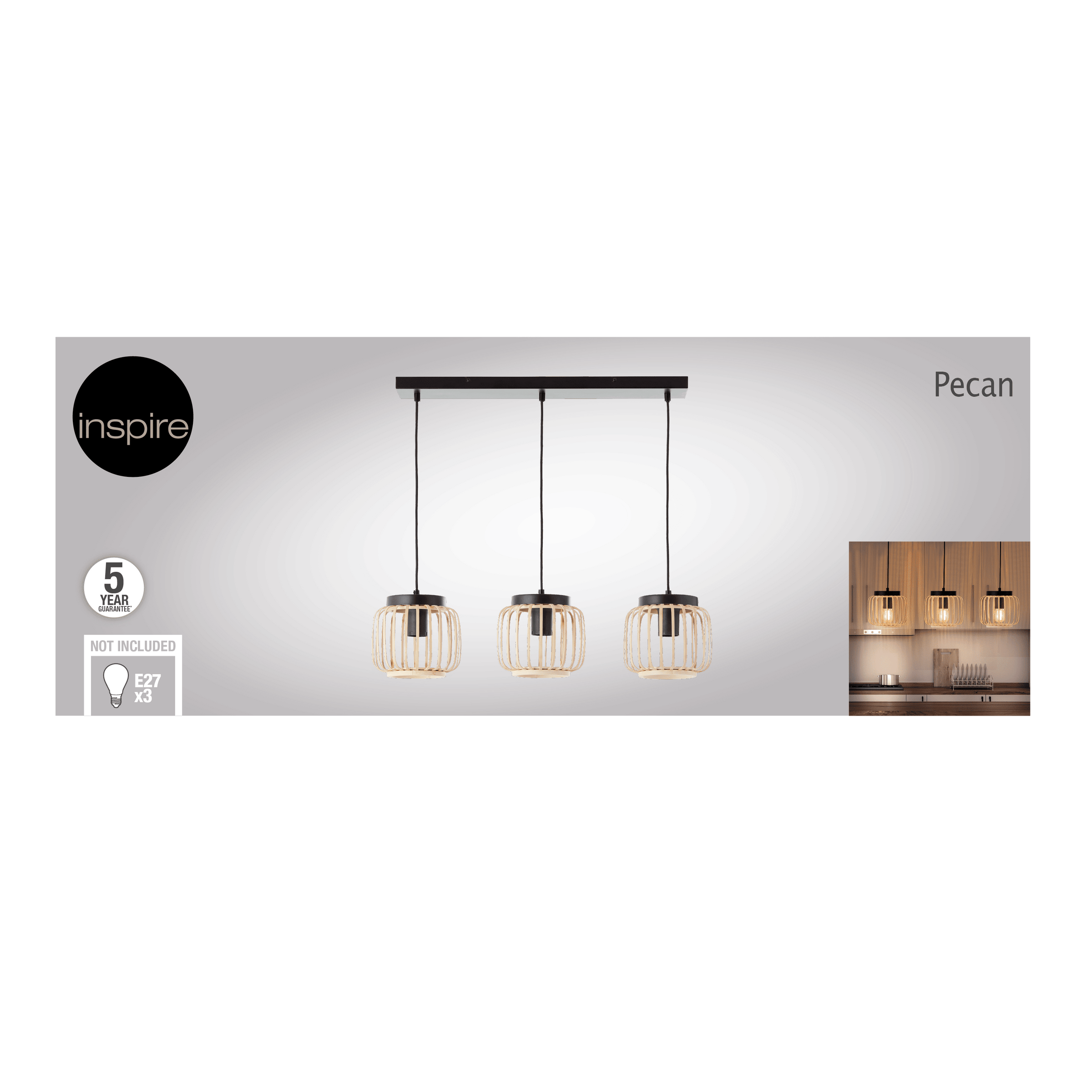 Pecan metal and bamboo chandelier, l70 cm, 3 x E27 = 50W