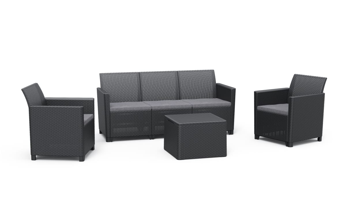 Bricocenter CLAIRE GRAPHITE COFFEE SET WITH CUSHIONS 2 ARMCHAIRS SOFA AND STORAGE TABLE