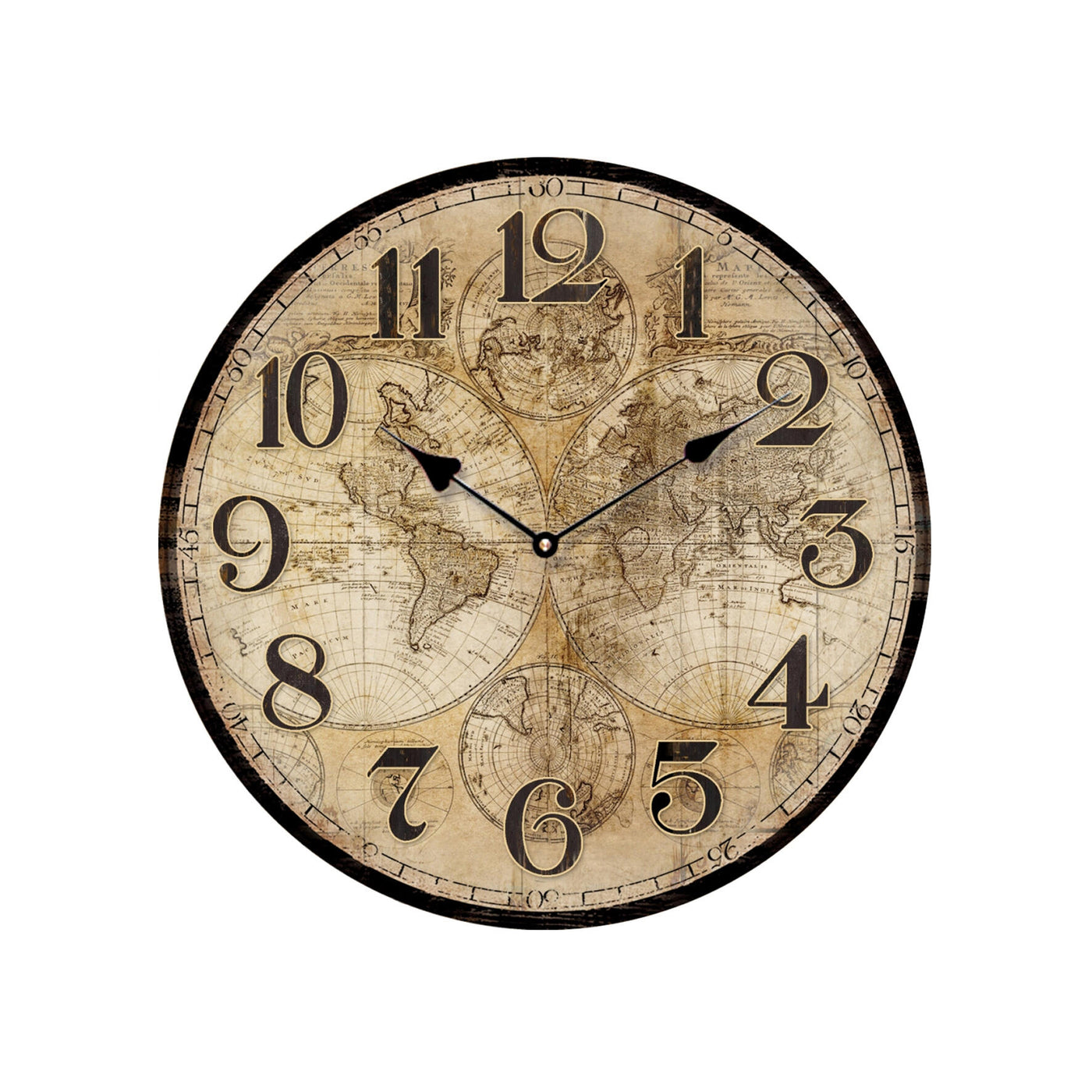 Antique world map wall clock, D34 cm