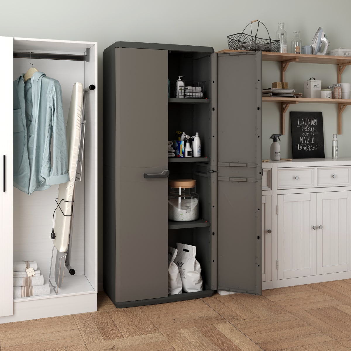 HIGH ALL-SHELF CUPBOARD 2 DOORS 3 NON-ADJUSTABLE SHELVES 68X39X166H LOAD CAPACITY 15KG DARK GREY