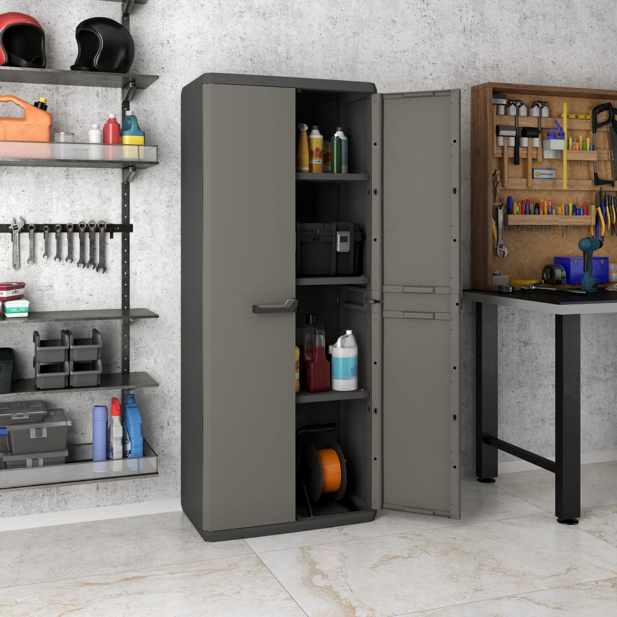 HIGH ALL-SHELF CUPBOARD 2 DOORS 3 NON-ADJUSTABLE SHELVES 68X39X166H LOAD CAPACITY 15KG DARK GREY