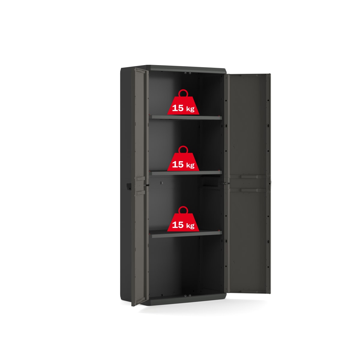 HIGH ALL-SHELF CUPBOARD 2 DOORS 3 NON-ADJUSTABLE SHELVES 68X39X166H LOAD CAPACITY 15KG DARK GREY