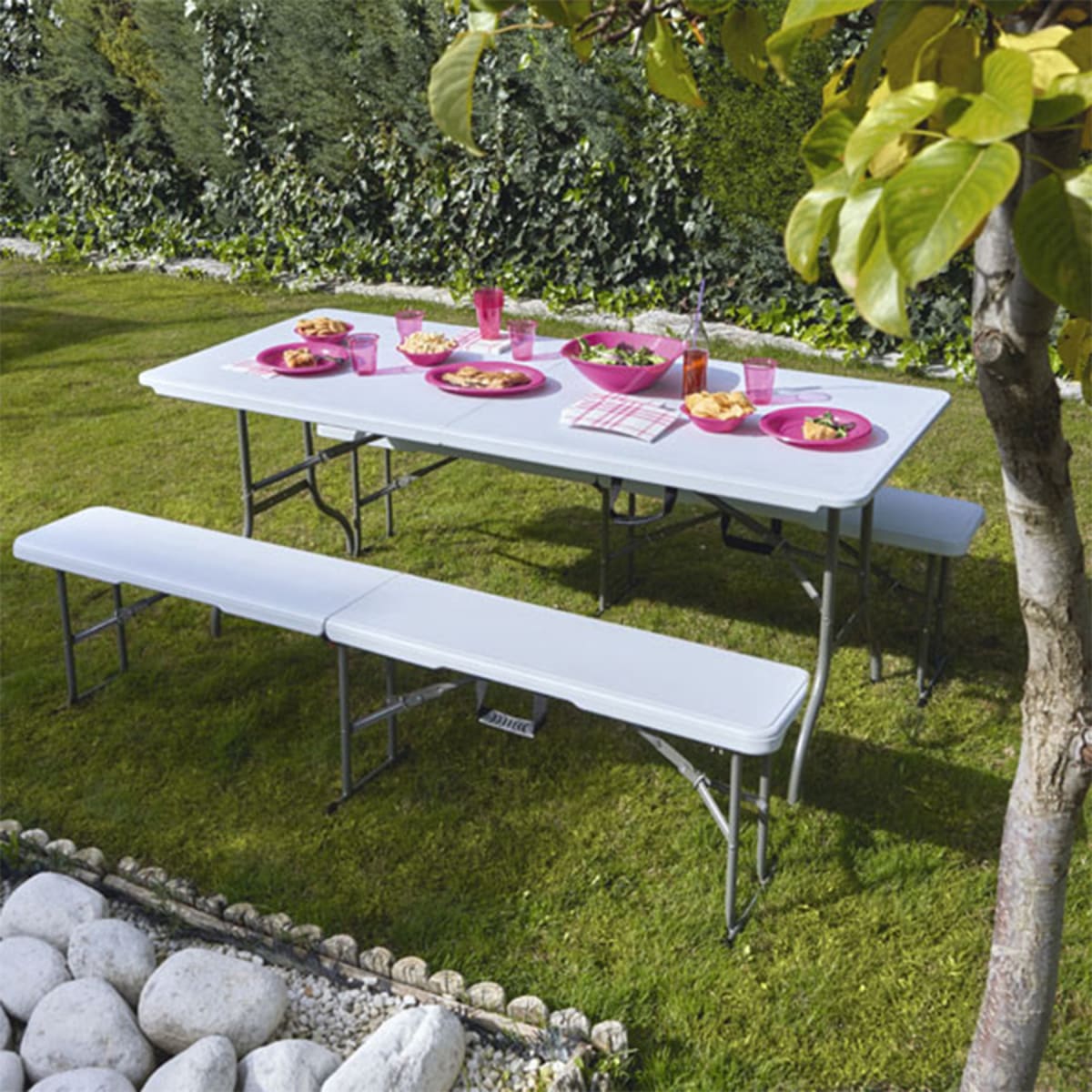 LIFETIME NAZERAL - Folding steel and polypropylene garden bench - White - 28x183xh43