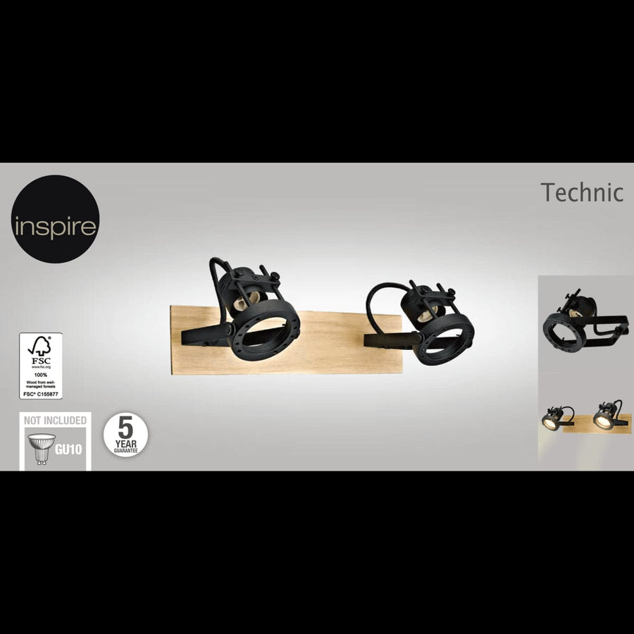Bricocenter FARETTI TECHNIC METALLO NERO E LEGNO 31.5X12X14.6CM 2XGU10=35W