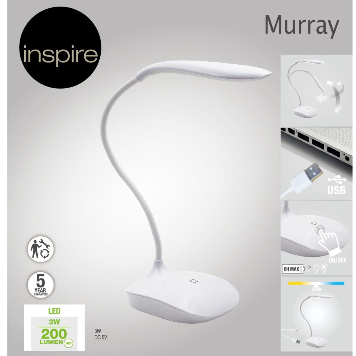 Bricocenter MURREY STUDIO LAMP PLASTIC WHITE H32 CM LED 3W TOUCH