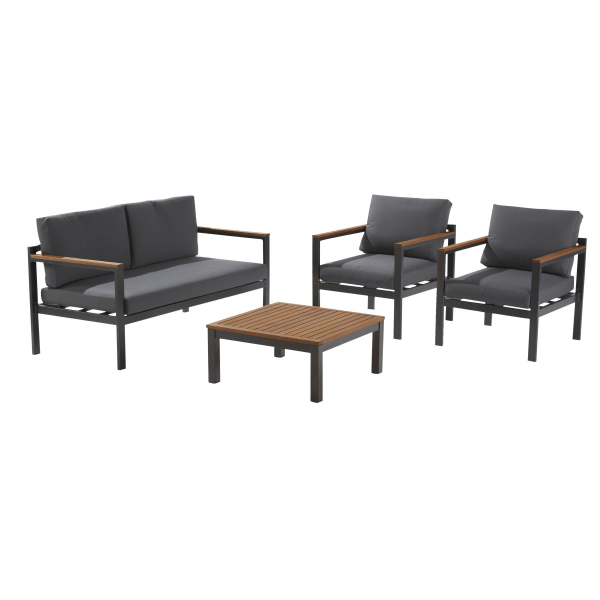 COFFEE SET ORIS 2 NATERIAL 4 SEATS ALUMINUM AND EUCALYPTUS WOOD WITH CUSHIONS