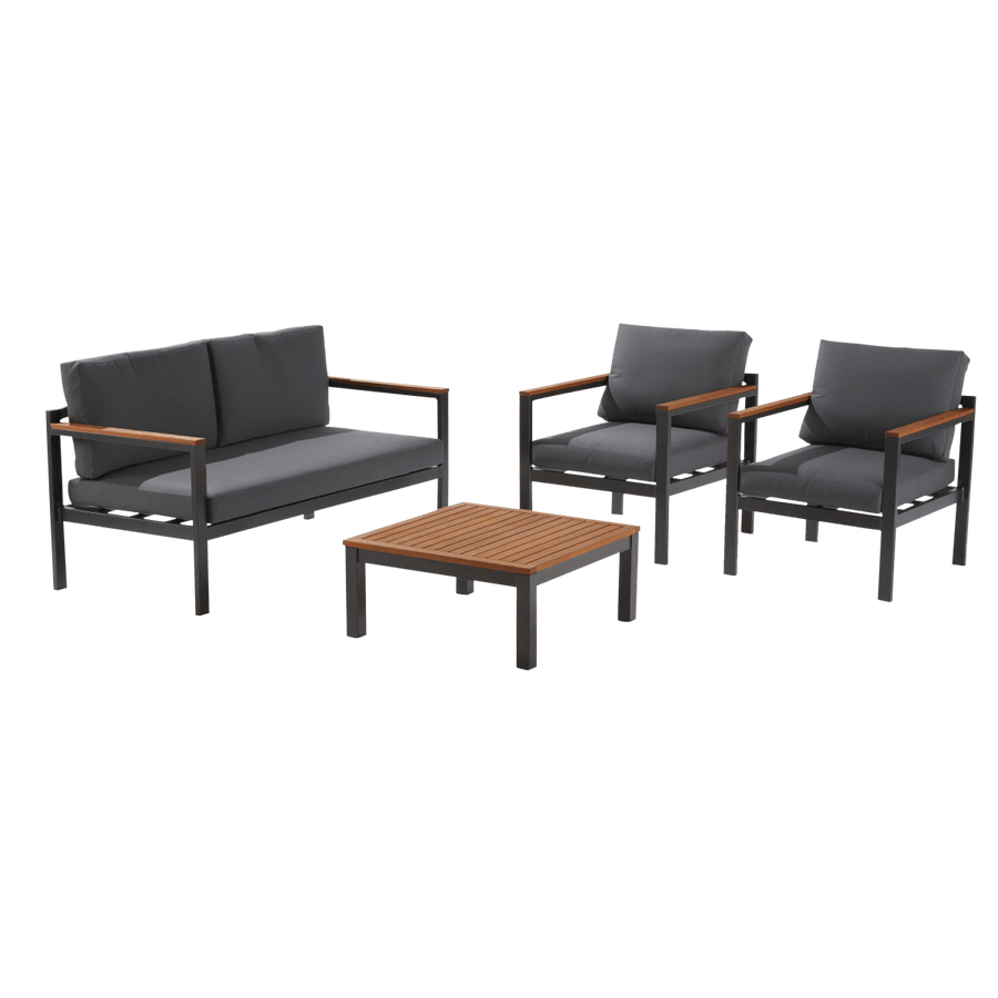 COFFEE SET ORIS 2 NATERIAL 4 SEATS ALUMINUM AND EUCALYPTUS WOOD WITH CUSHIONS