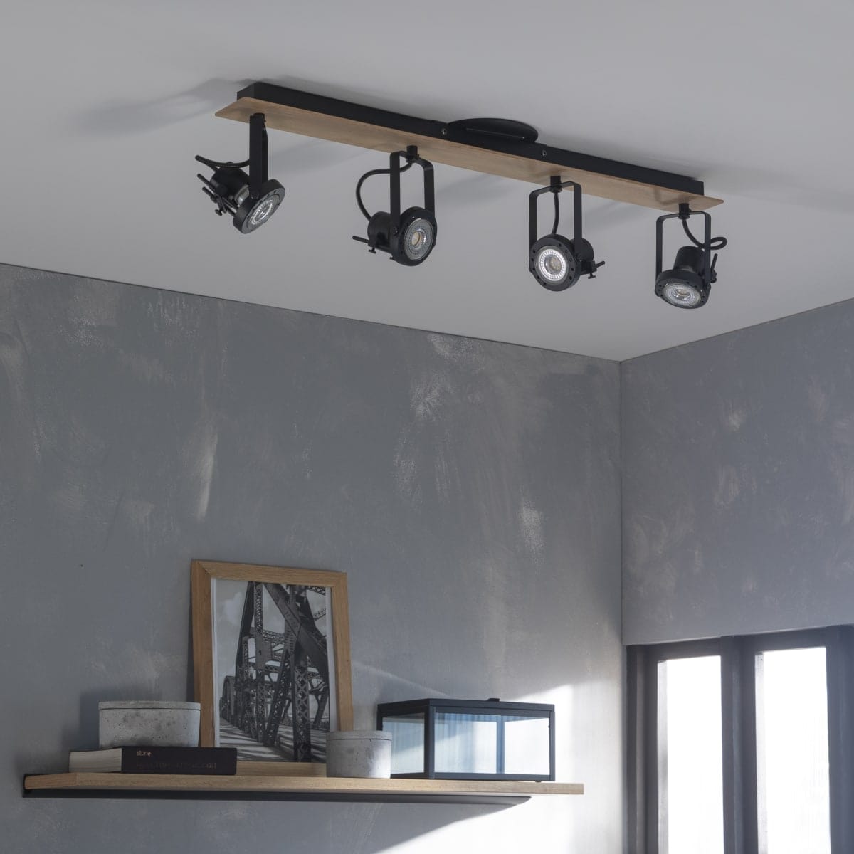 Bricocenter FARETTI TECHNIC METALLO NERO E LEGNO 71X12X14.6CM 4XGU10=35W
