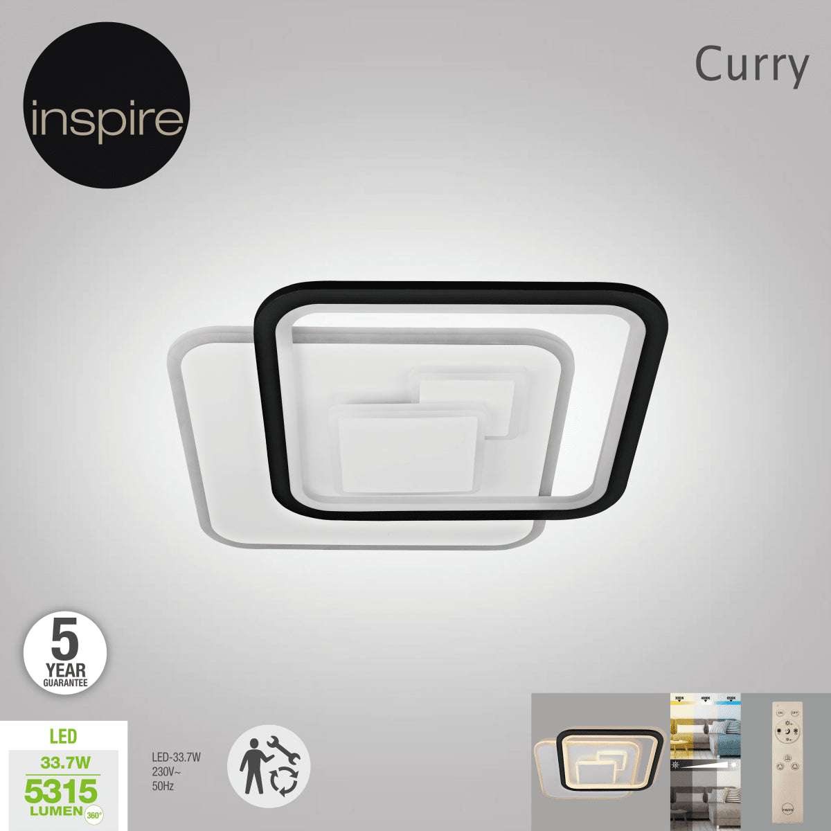 CEILING LIGHT CURRY METAL BLACK & WHITE 51X51X6CM LED 5200LM CCT DIMMABLE