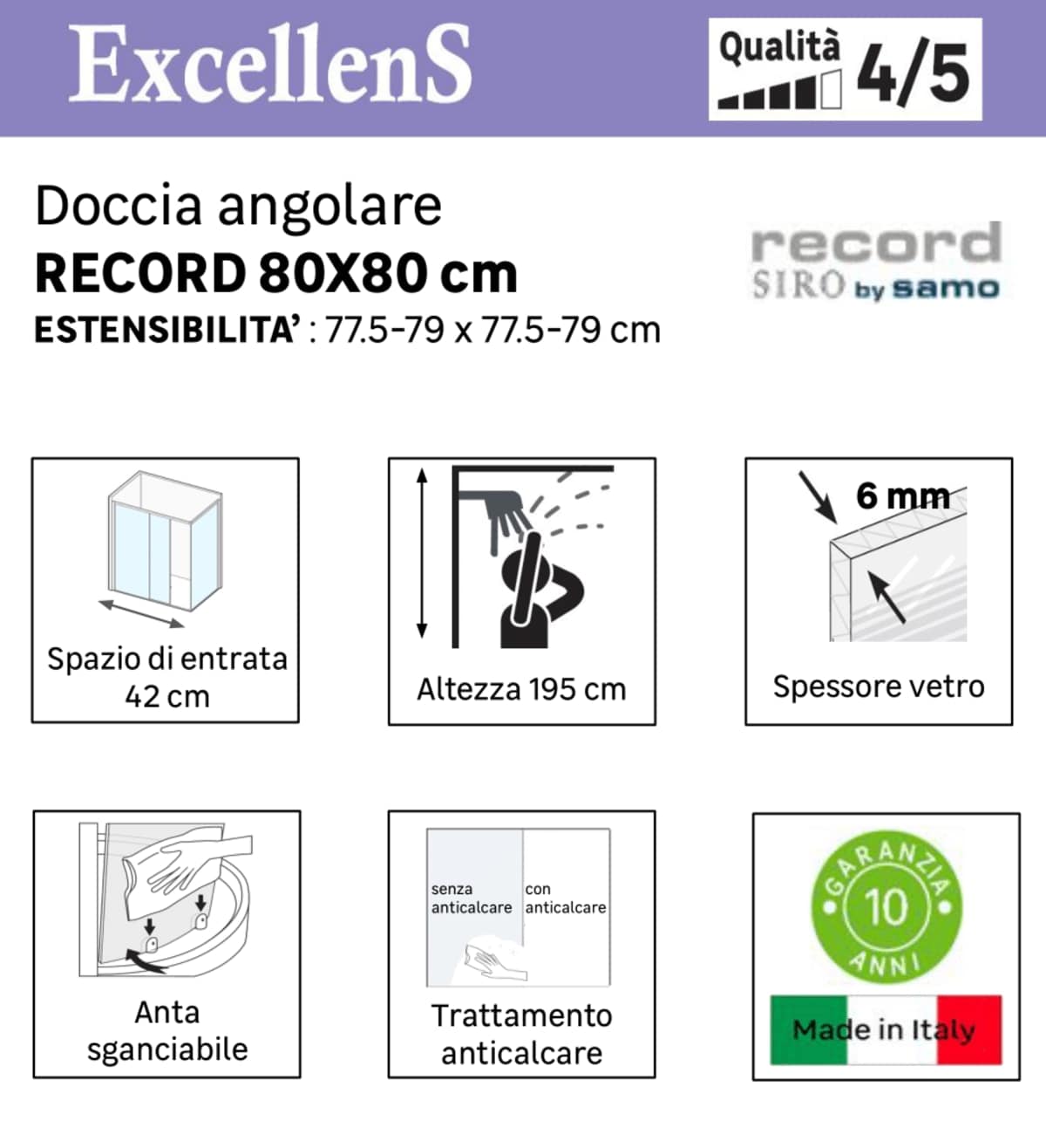 Bricocenter BOX ANGOLARE 1 LATO SCORREVOLE RECORD L 77-79 CM CRISTALLO TRASPARENTE 6 MM CROMO