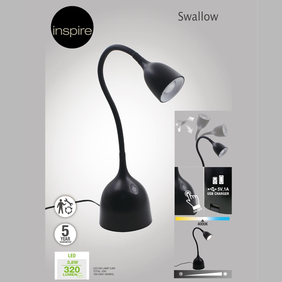 Bricocenter LAMPADA STUDIO SWALLOW METALLO NERO H37 CM LED 400LM CON USB