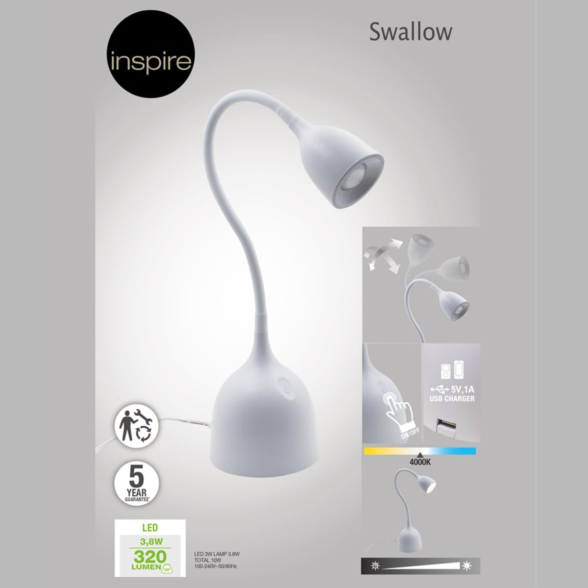 Bricocenter LAMPADA STUDIO SWALLOW METALLO BIANCO H37 CM LED 400LM CON USB