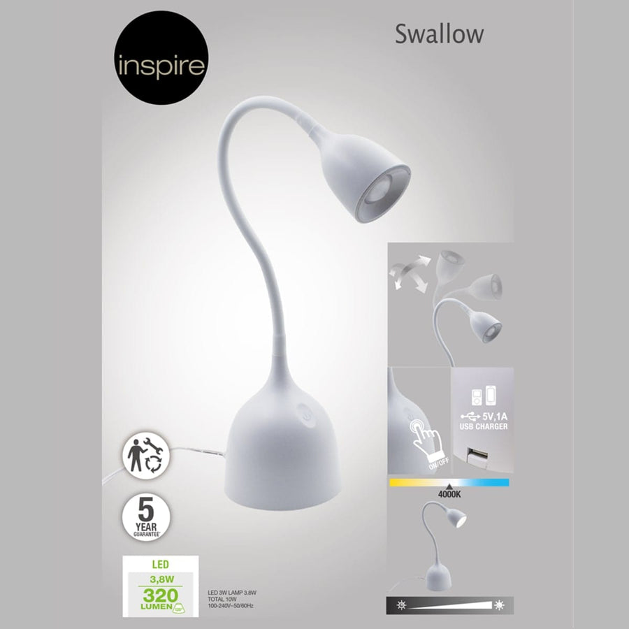 Bricocenter LAMPADA STUDIO SWALLOW METALLO BIANCO H37 CM LED 400LM CON USB
