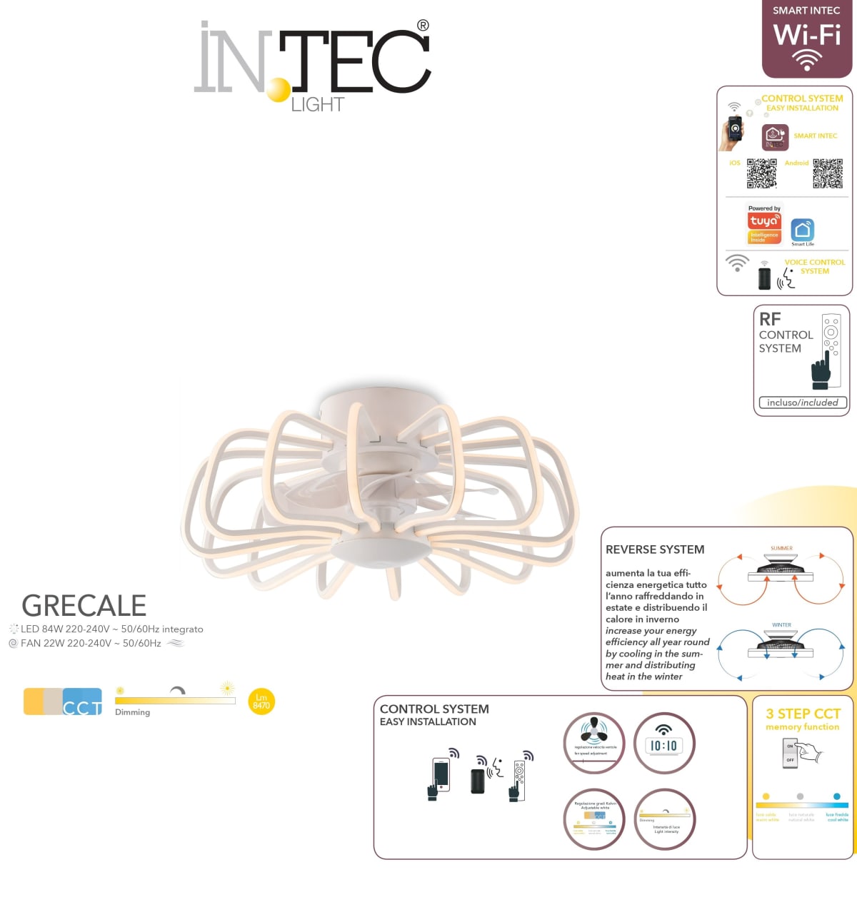 CEILING LIGHT WITH FAN GRECALE WHITE D50 LED 98W CCT CCT WIFI