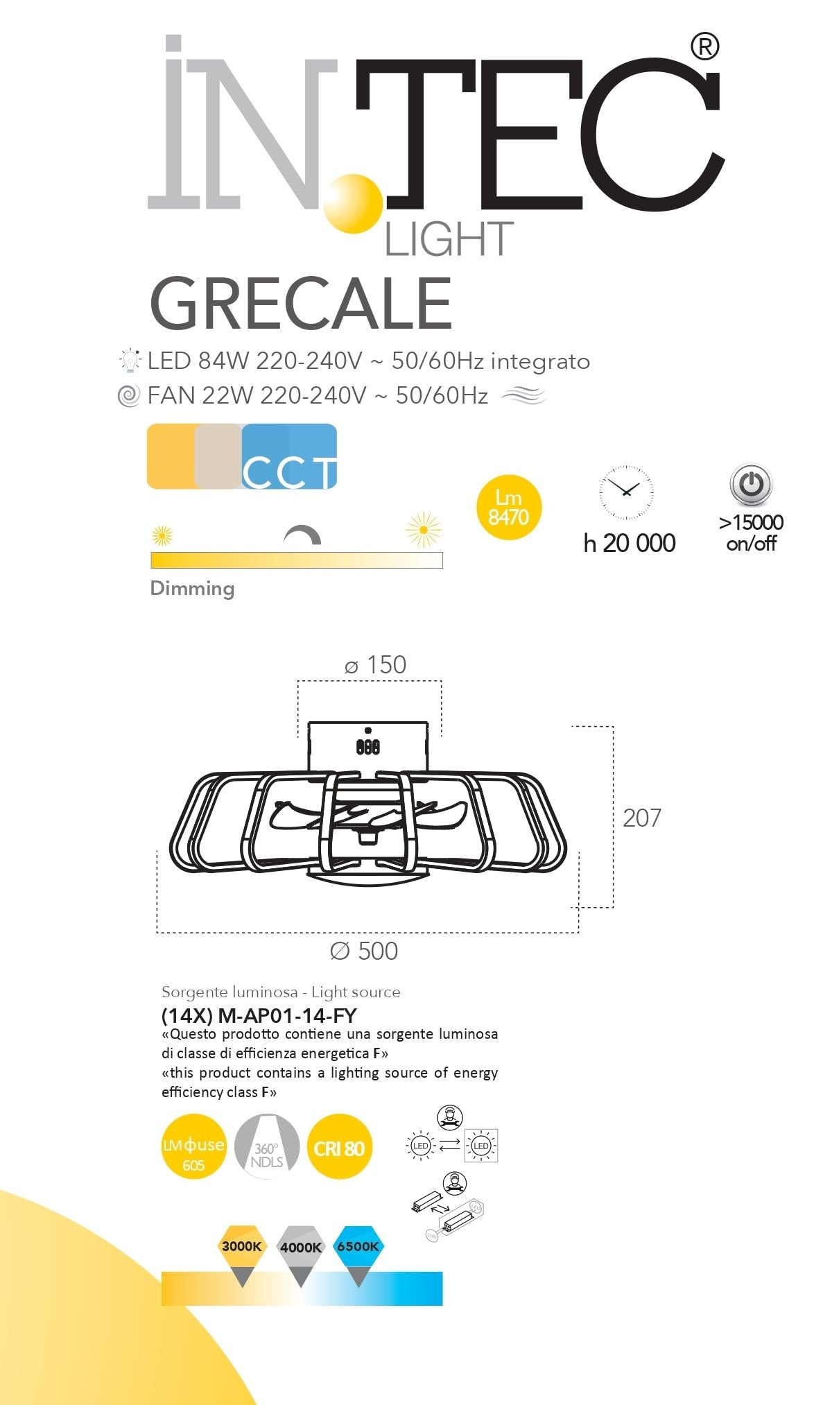 CEILING LIGHT WITH FAN GRECALE WHITE D50 LED 98W CCT CCT WIFI