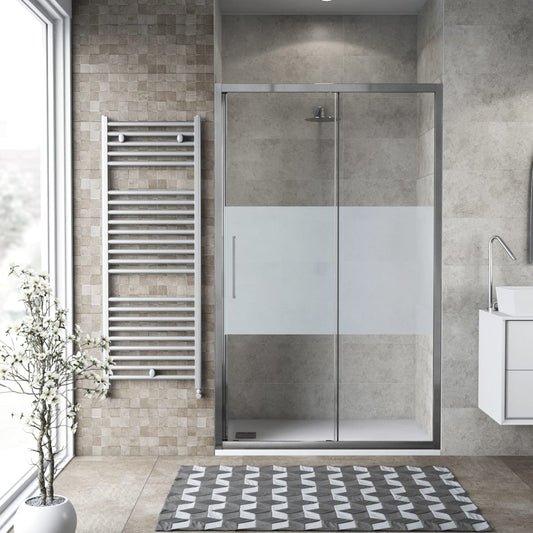 Bricocenter PORTA SCORREVOLE 2 ANTE RECORD L 112-116 CM CRISTALLO SERIGRAFATO 6 MM CROMO