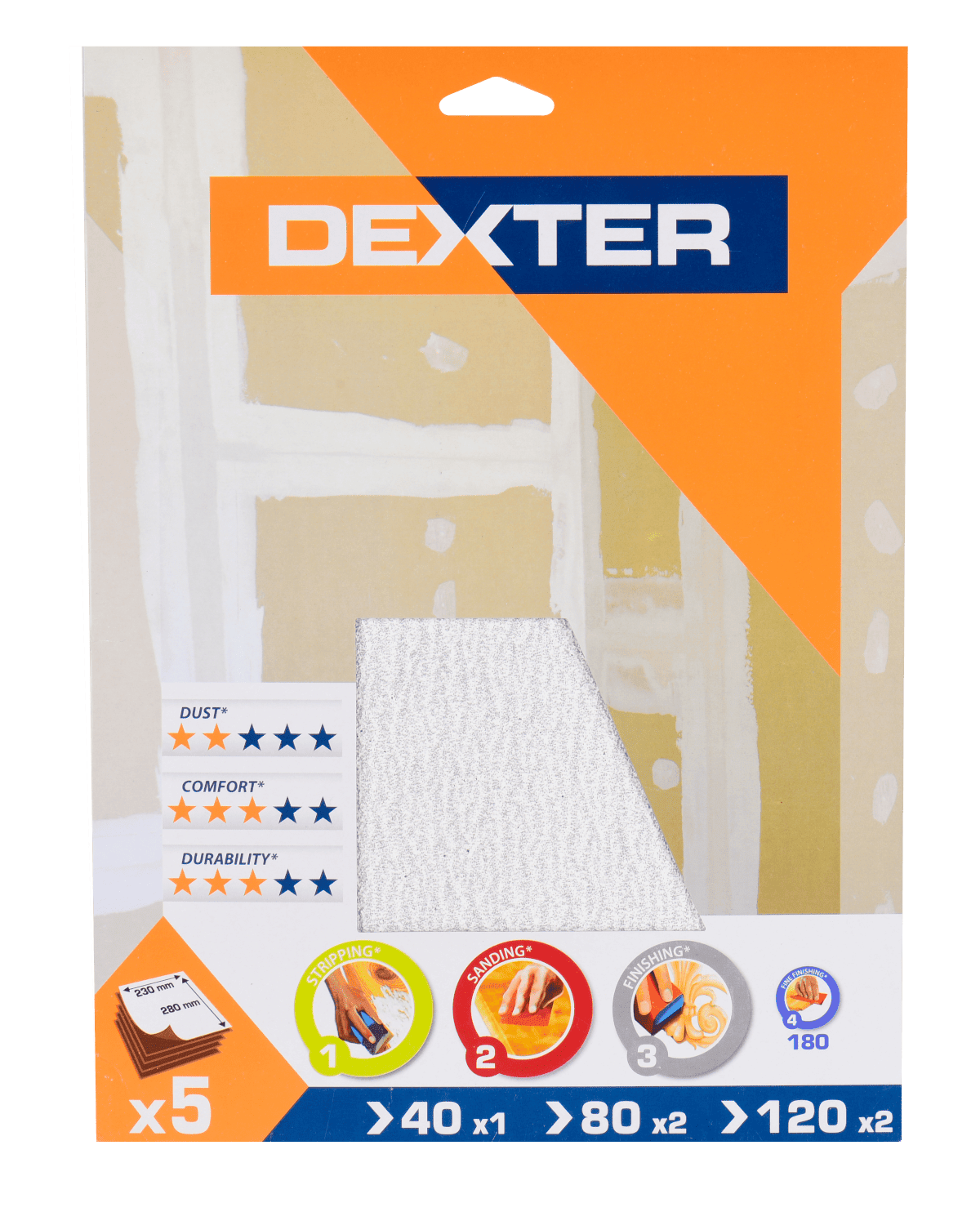 Dexter sanding sheets for walls, grit sizes 40, 80 and 120, 5 sheets