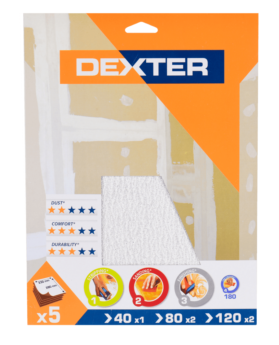 Fogli abrasivi dexter per muro grana 40, 80, 120, 5 pezzi