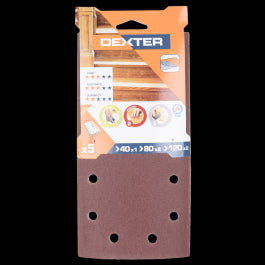 ABRASIVE FOR DEXTER ORBITAL WOOD SANDER115X230MM DRILLED, GRIT 40,80,120,5 PIECES