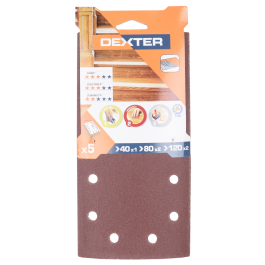 ABRASIVE FOR DEXTER ORBITAL WOOD SANDER115X230MM DRILLED, GRIT 40,80,120,5 PIECES