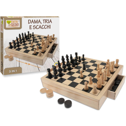 Toys MADE OF WOOD - CHECKERS CHESS TRIA IN WOOD WITH OPENING DRAWERS