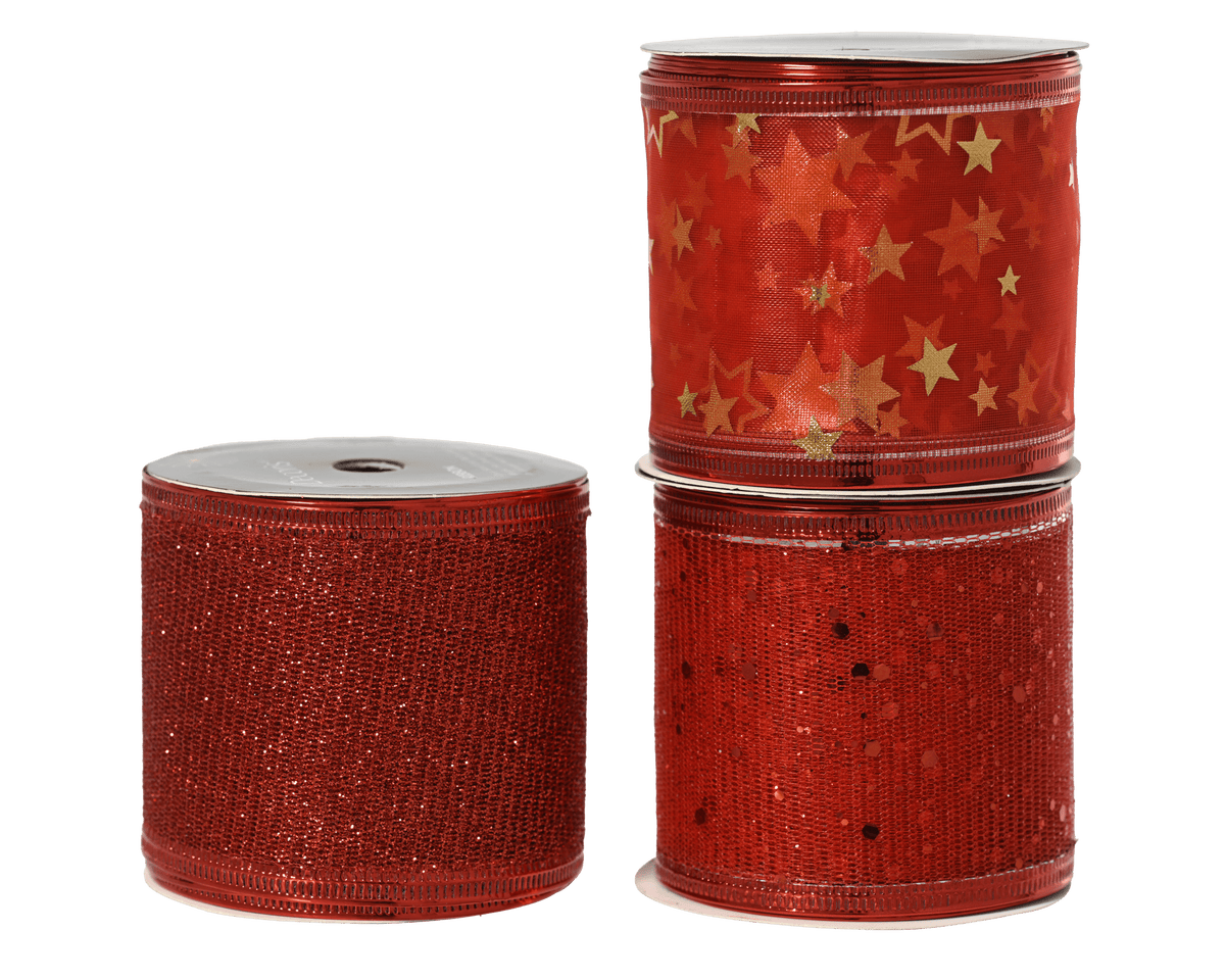 Red ribbon with glittery stars, length 270 cm – 3 assorted designs