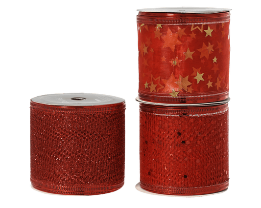 Red ribbon with glittery stars, length 270 cm – 3 assorted designs