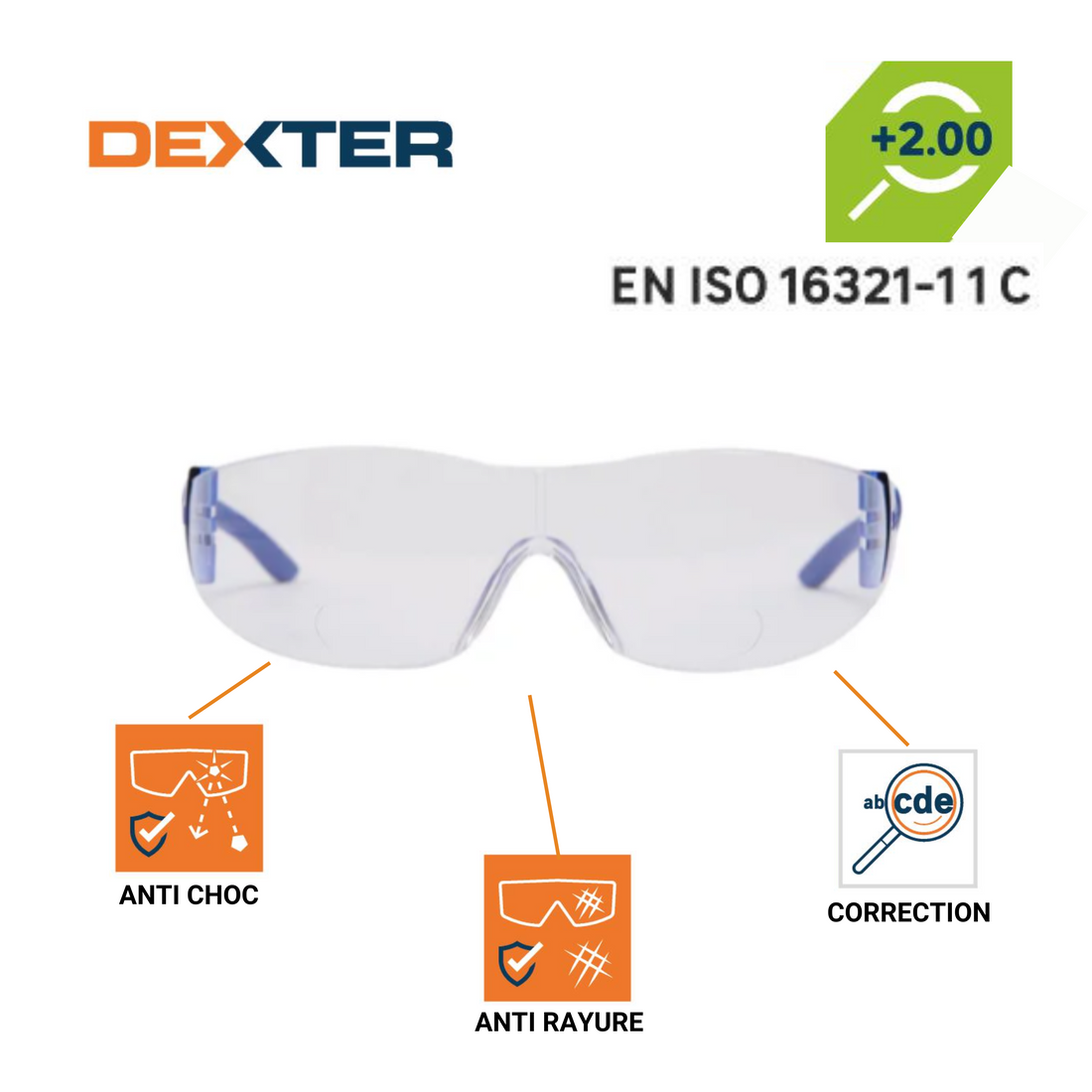 DEXTER SAFETY GLASSES WITH BIFOCAL LENS FOR READING 2 DIOPTER POLYCARBONATE