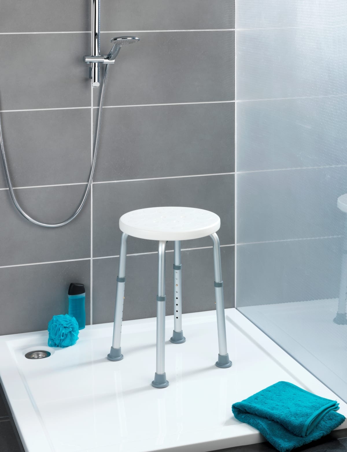 HEIGHT-ADJUSTABLE SHOWER STOOL WHITE/ALUMINIUM