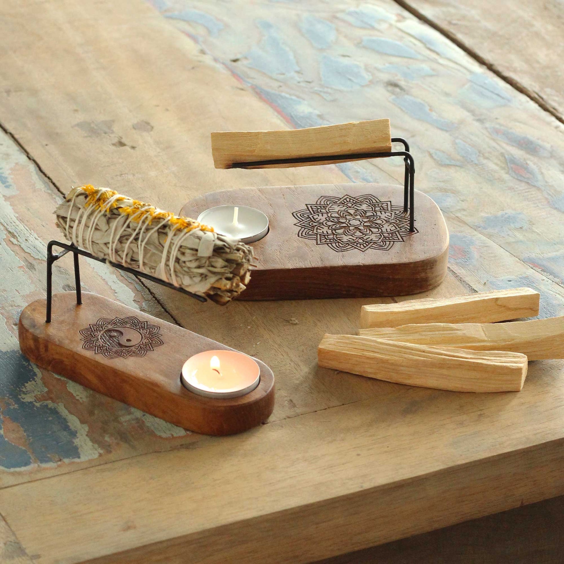 Small Palo Santo Heater - Teak Wood - Yin & Yang Design