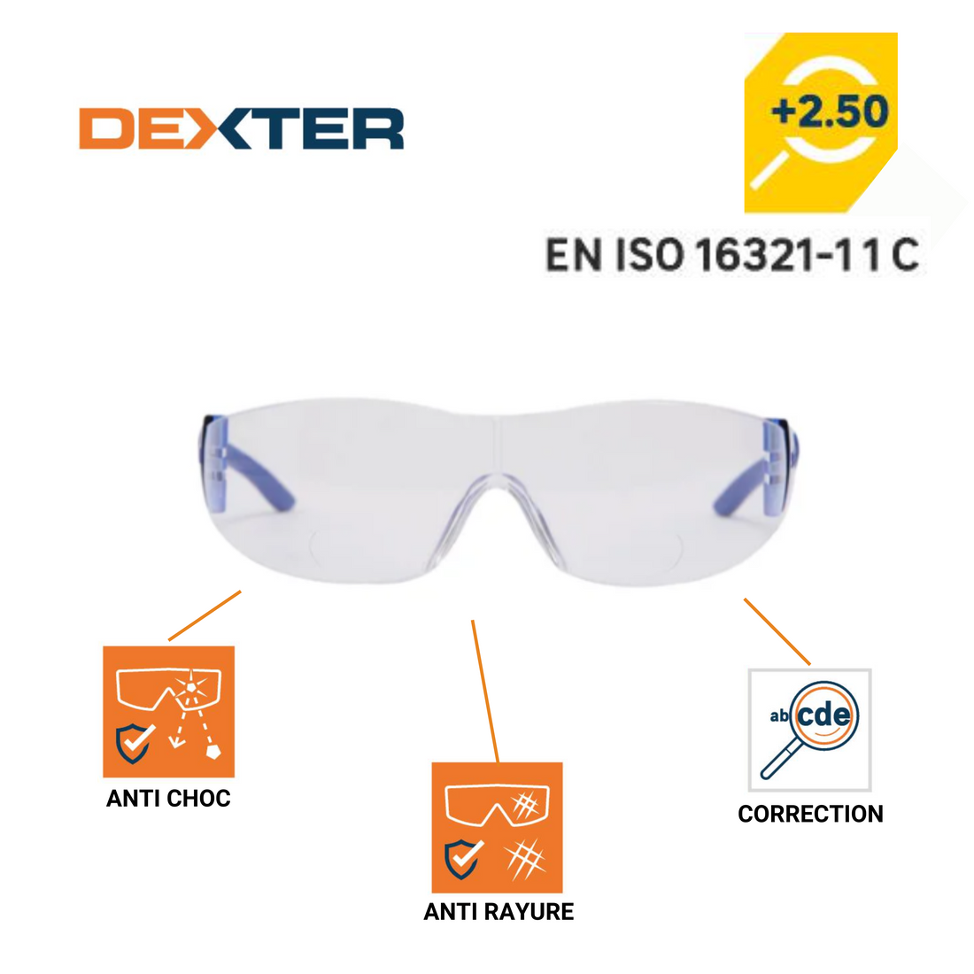 DEXTER SAFETY GLASSES WITH BIFOCAL LENS FOR READING 2.5 DIOPTER POLYCARBONATE