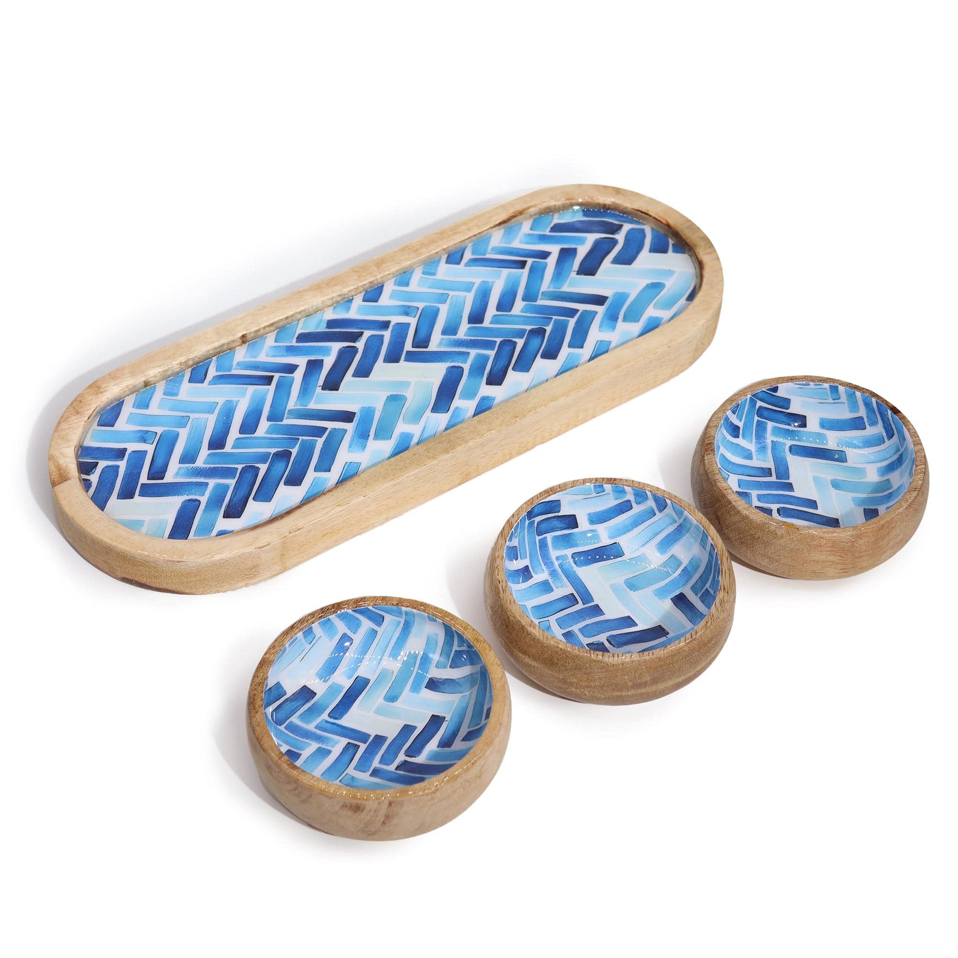 Bliss Mango Wood Tray with 3 Bowls - Blue Stripes