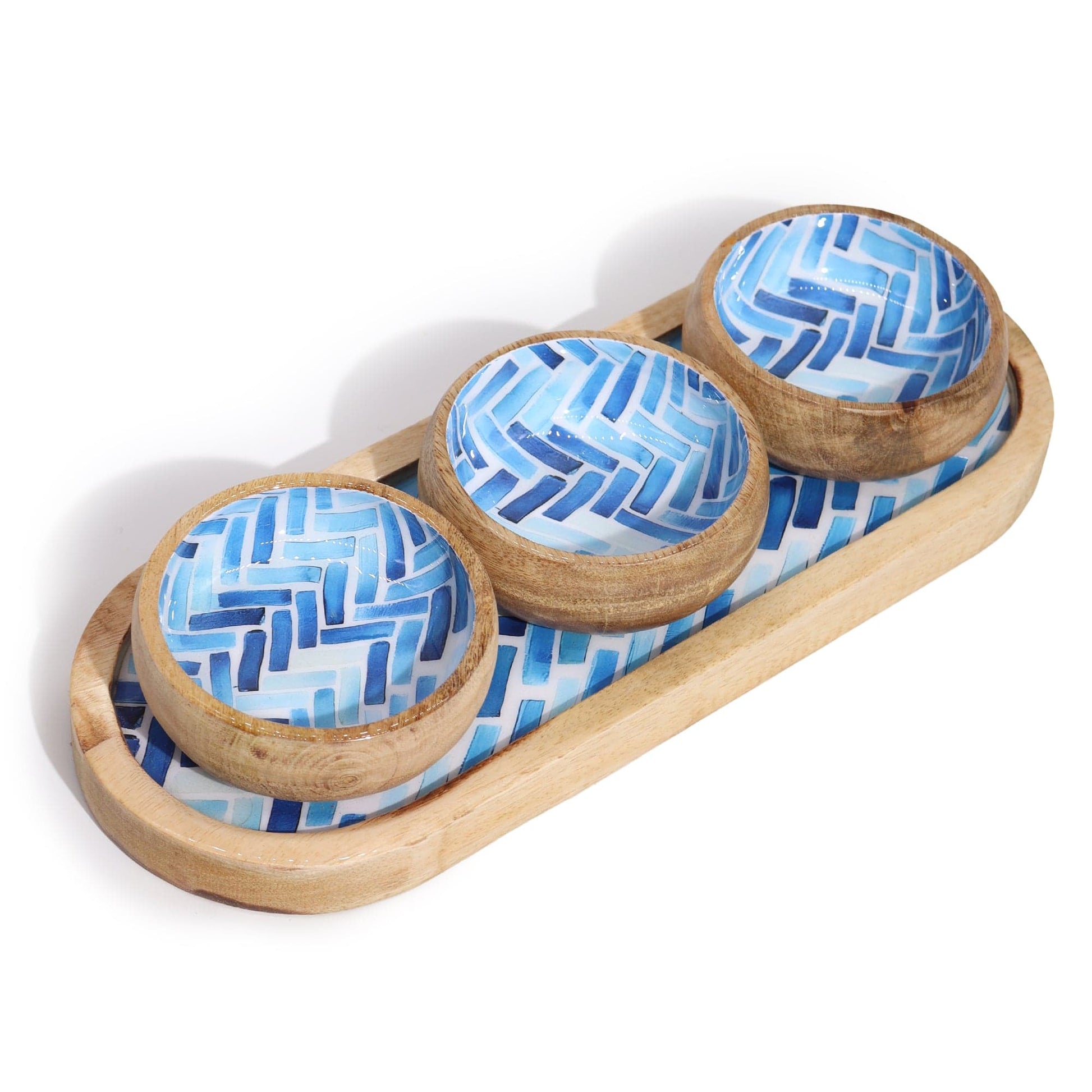 Bliss Mango Wood Tray with 3 Bowls - Blue Stripes